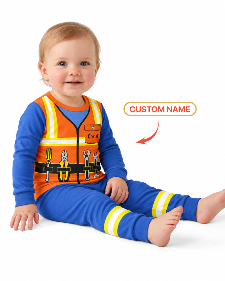 Construction Worker Custom Name Bamboo Two Piece Long Sleeve Pajama Set