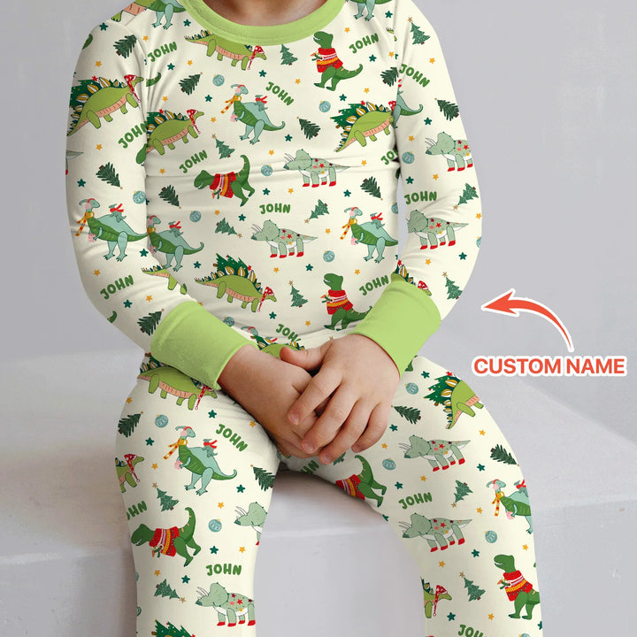 Custom Name Dinosaurs Christmas Tree Bamboo Two Piece Long Sleeve Pajama Set