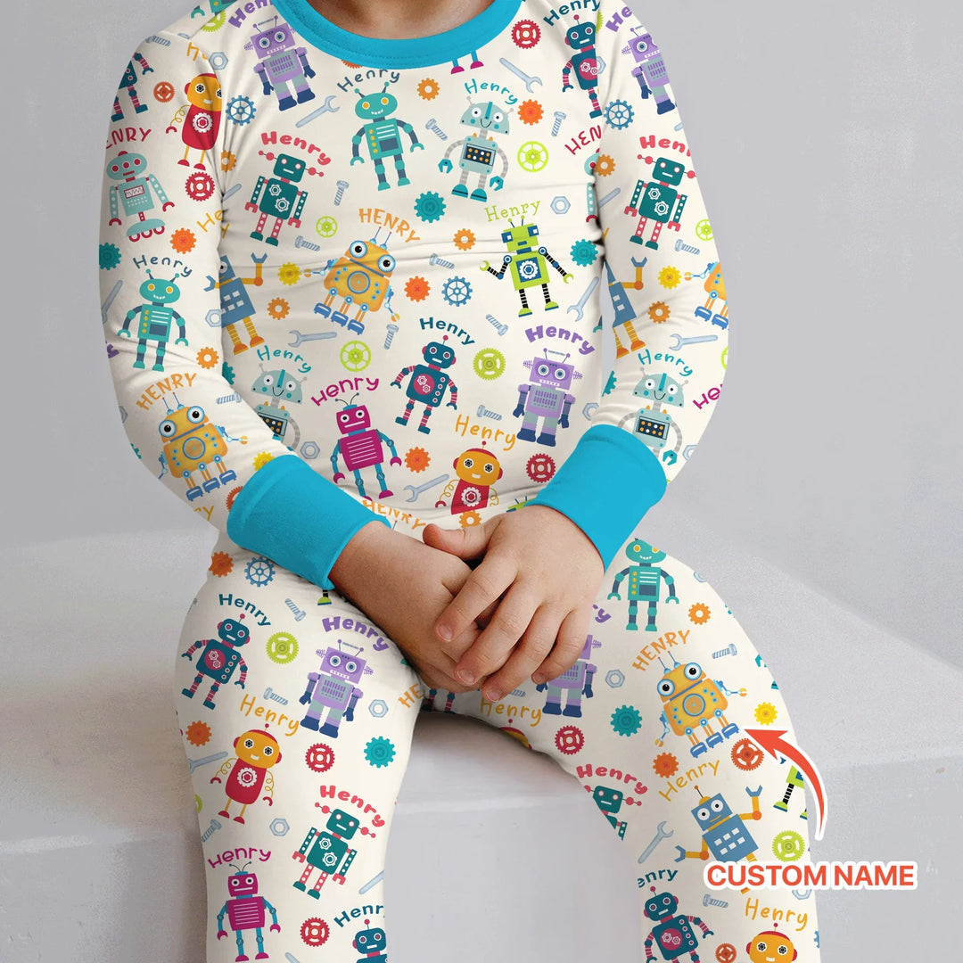 Robo Buddy Squad Custom Name Bamboo Two Piece Long Sleeve Pajama Set