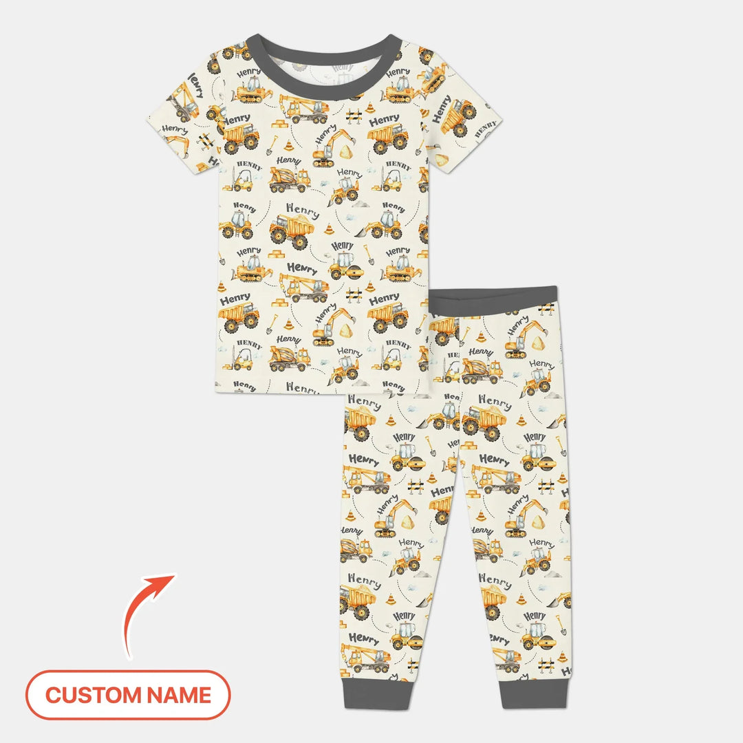 Constructions Machines Custom Name Bamboo Two Piece Short Sleeve Pajama Set