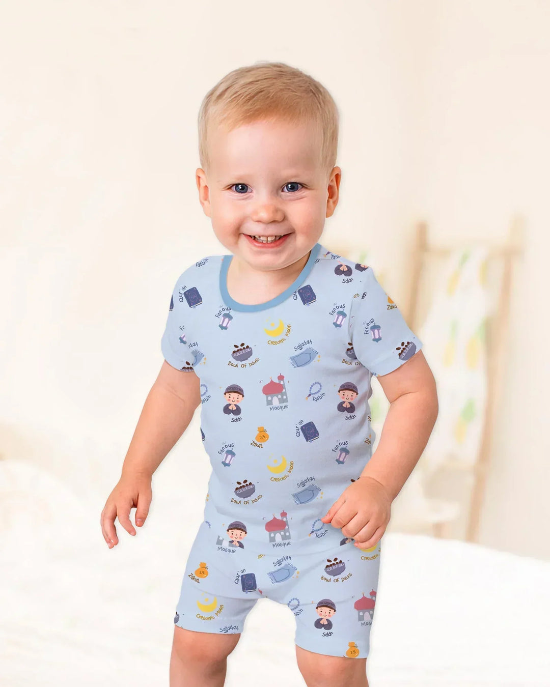Cute Ramadhan Mubarak Bamboo Two Piece Short Sleeve Shorts Pajama Set