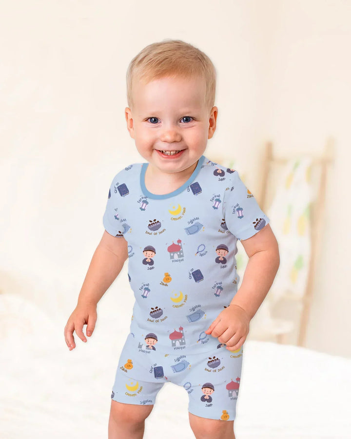 Cute Ramadhan Mubarak Bamboo Two Piece Short Sleeve Shorts Pajama Set