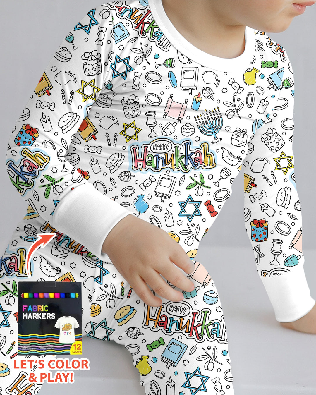 Happy Hanukkah Colorable Bamboo Two Piece Long Sleeve Pajama Set