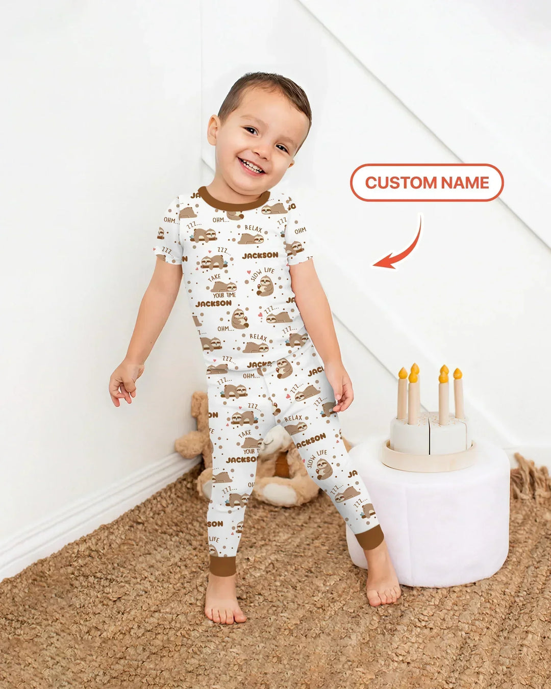 Custom Name Cute Sloth Bamboo Two Piece Short Sleeve Pajama Set