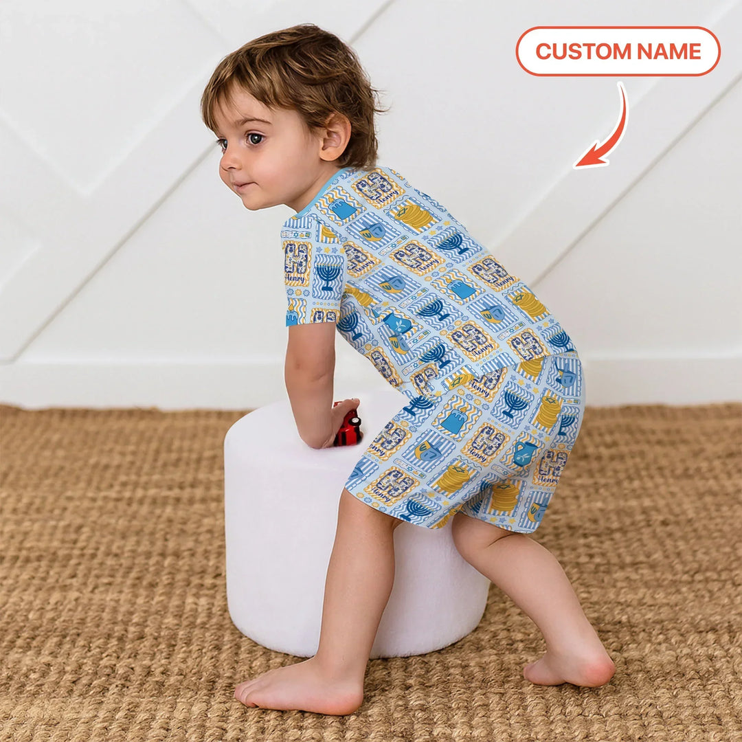 Custom Name Hanukkah Wonderland Bamboo Two Piece Short Sleeve Shorts Pajama Set
