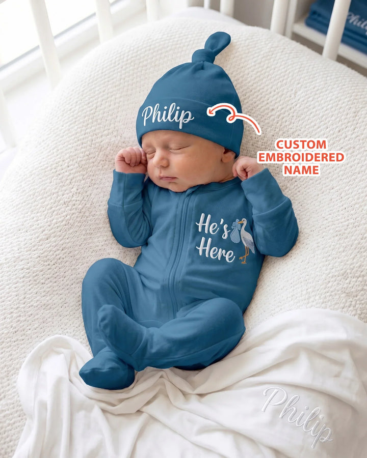 Personalized He's Here Embroidered Bamboo Hat