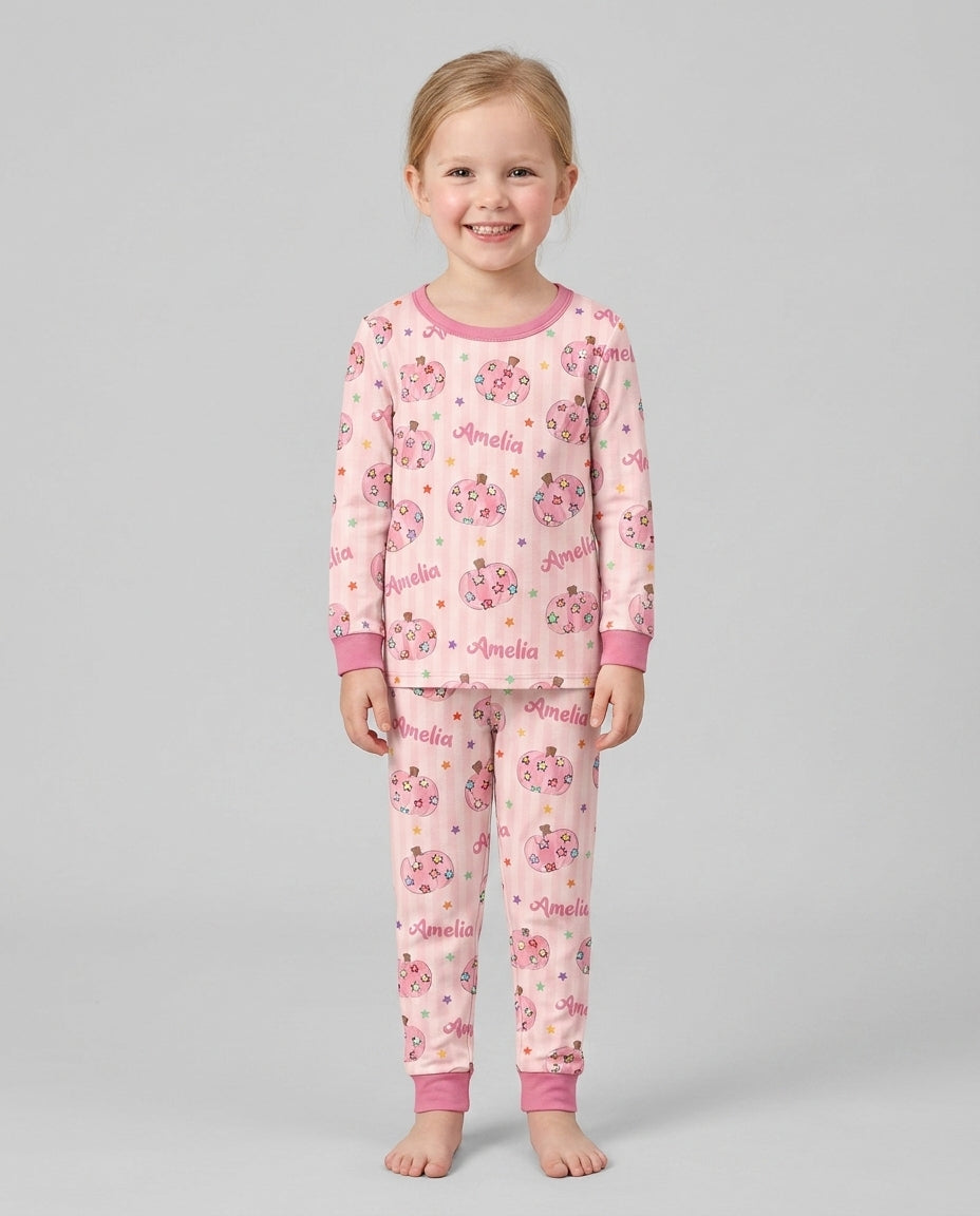 Colorful Star Pumpkin Custom Name Bamboo Two Piece Long Sleeve Pajama Set