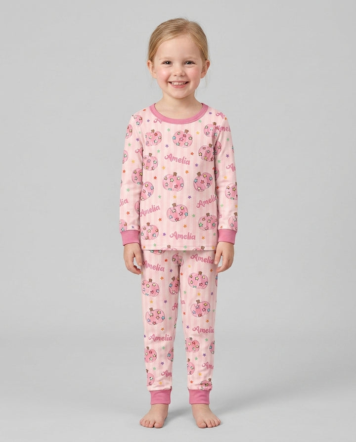 Colorful Star Pumpkin Custom Name Bamboo Two Piece Long Sleeve Pajama Set