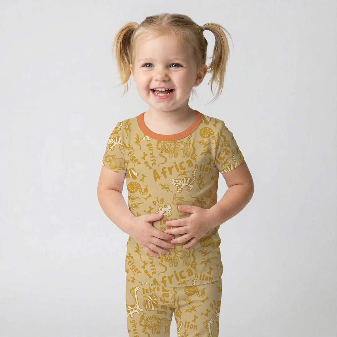 Handdrawn African Animals Bamboo Two Piece Short Sleeve Pajama Set