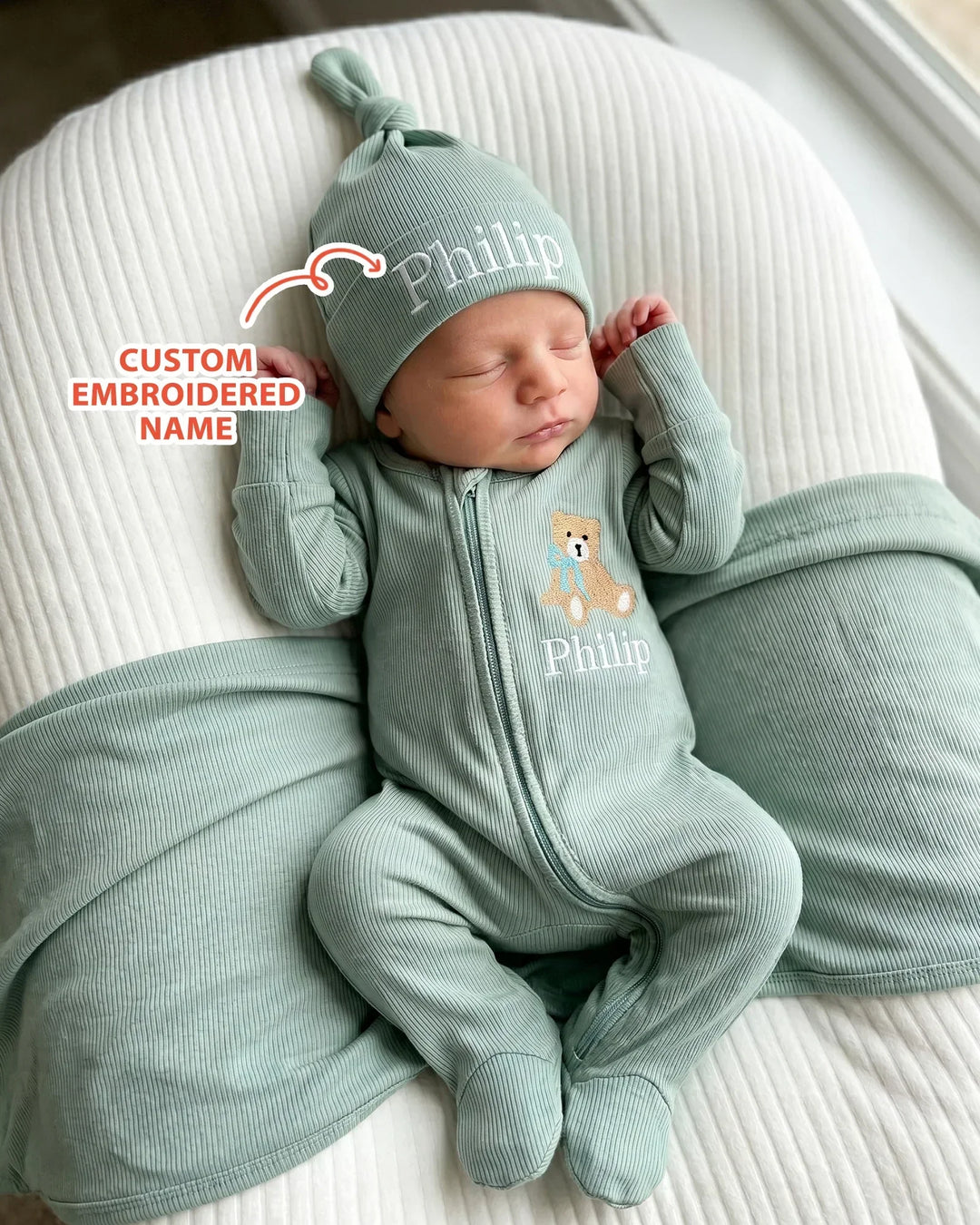 Personalized Teddy Bear Embroidered Ribbed Bamboo Welcome Home Bundle