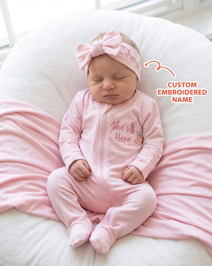 Personalized She's Here Embroidered Bamboo Zipper Footie
