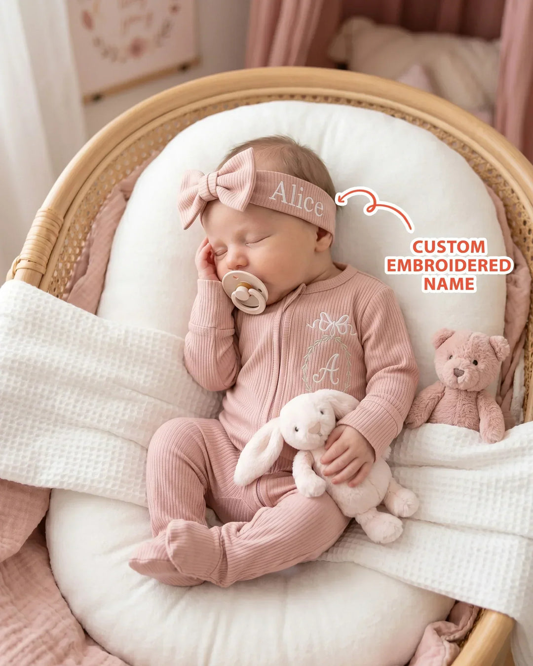 Custom Name Bow Wreath Embroidered Ribbed Bamboo Welcome Home Bundle