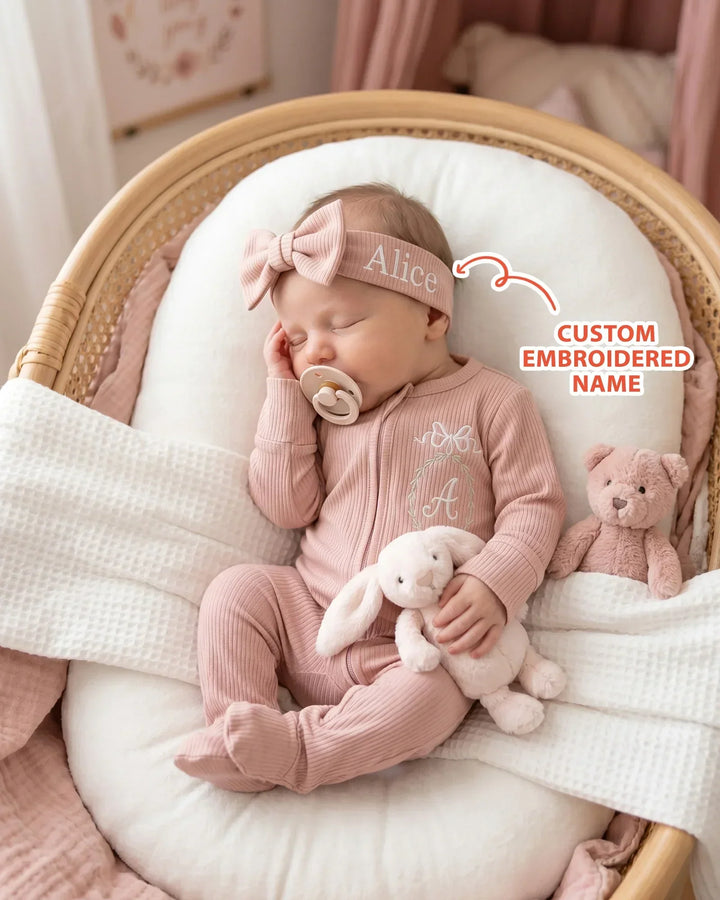 Custom Name Bow Wreath Embroidered Ribbed Bamboo Welcome Home Bundle