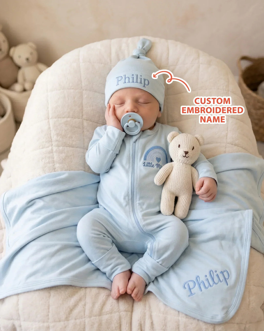 Personalized Little Miracle Blue Embroidered Bamboo Hat