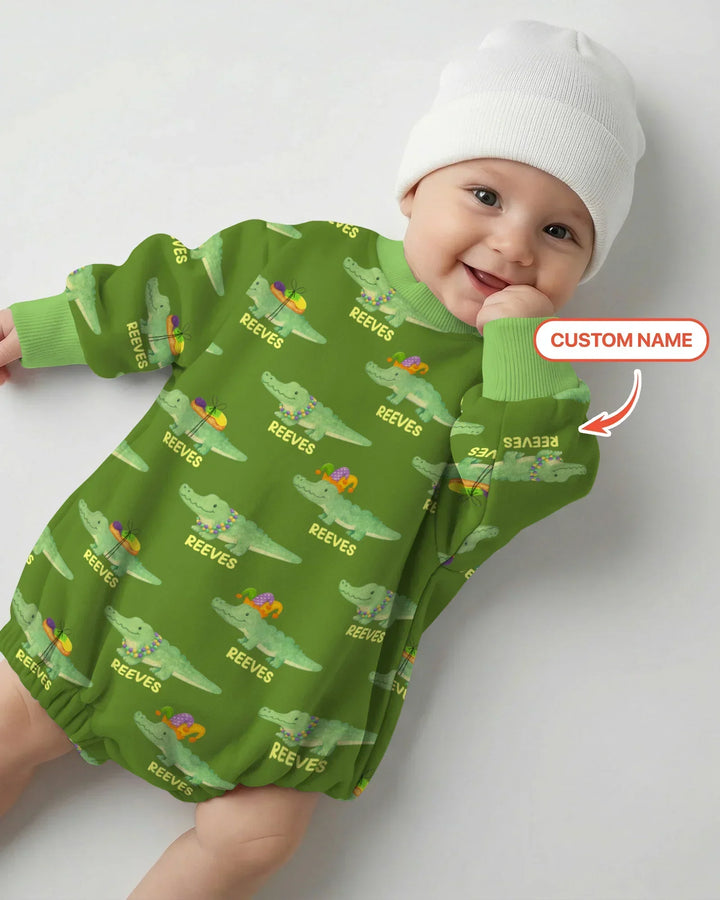 Custom Name Mardi Gras Gator Bamboo Bubble Romper