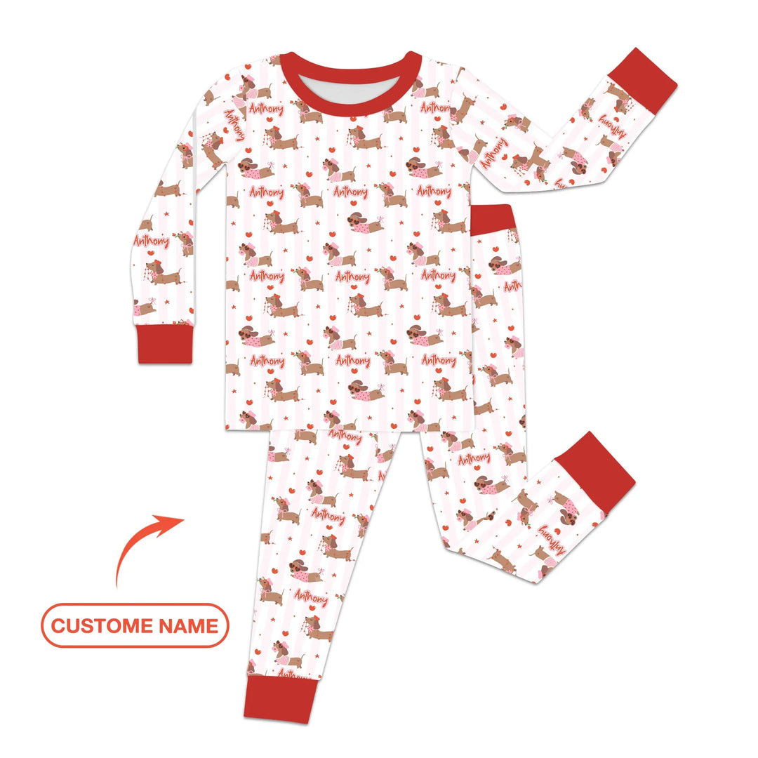 Custom Name Valentine Dachshund Family Matching Bamboo Two Piece Long Sleeve Pajama Set