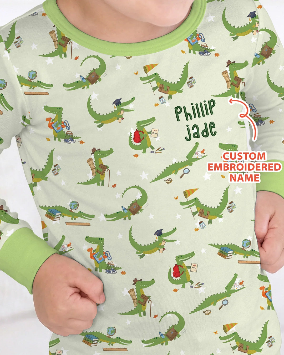 Custom Name Embroidered Alligator Bamboo Two Piece Long Sleeve Pajama Set