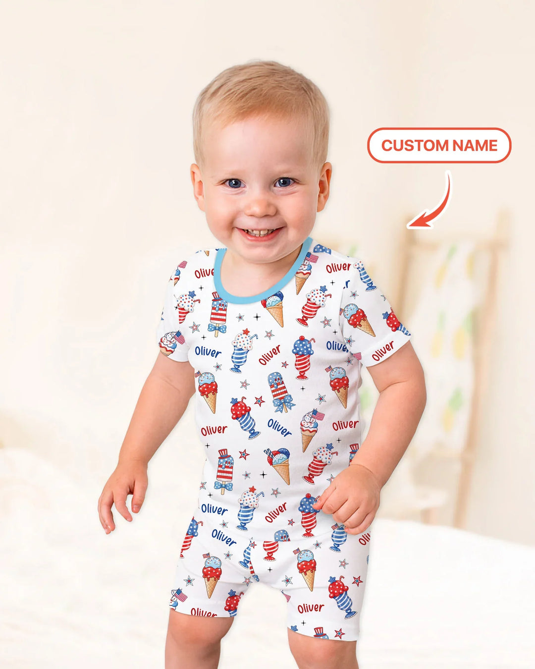 Custom Name Red, White & Ice Cream Bamboo Two Piece Short Sleeve Shorts Pajama Set