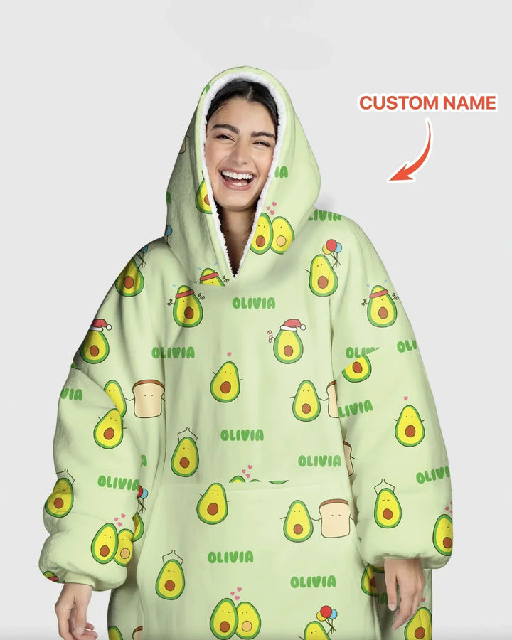 Custom Name Cute Avocado Bamboo Blanket Hoodie