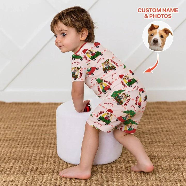 Custom Pet Photo Christmas Tikes Car Bamboo Two Piece Short Sleeve Shorts Pajama Set
