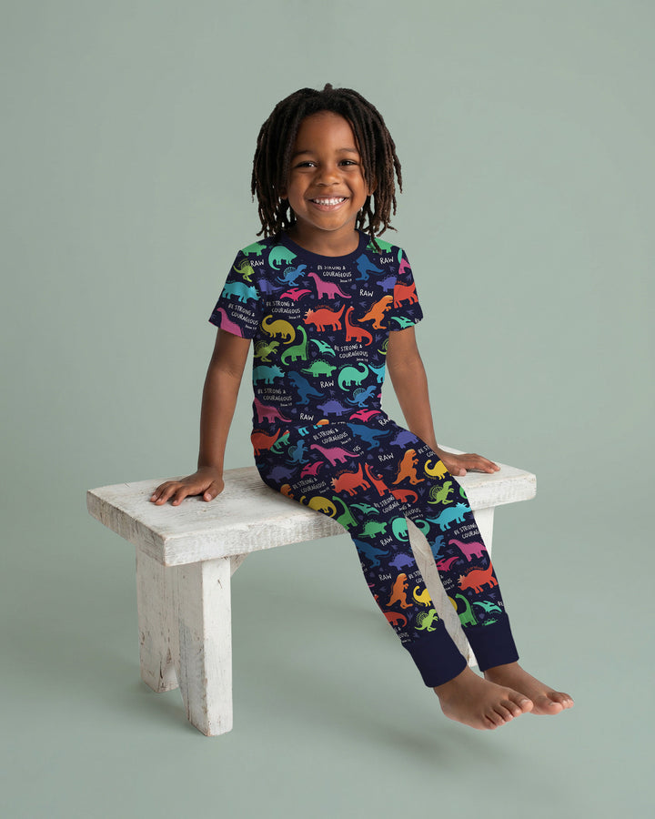 Be Strong and Courageous Dinosaur Christian Bamboo Two Piece Short Sleeve Pajama Set