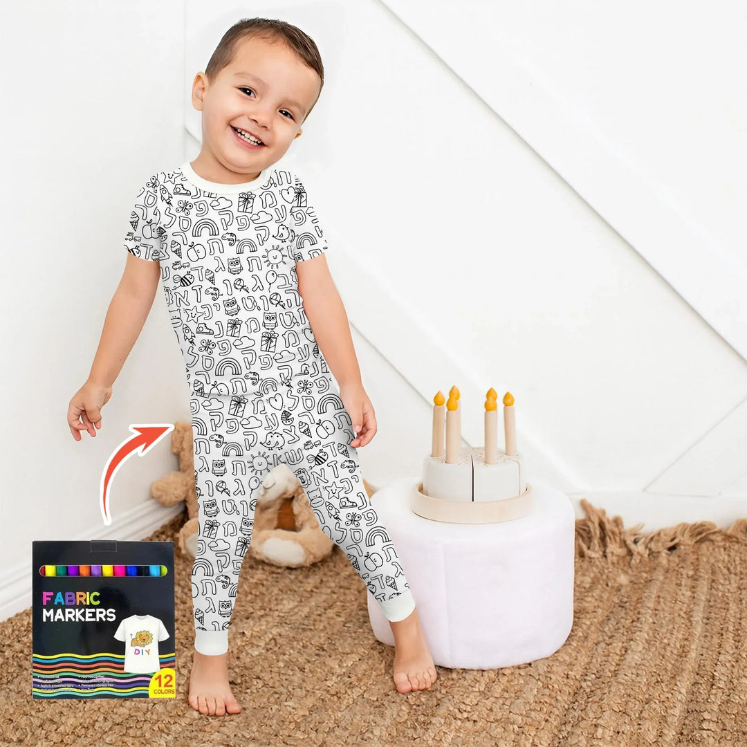 Hebrew Alphabet Colorable Bamboo Two Piece Short Sleeve Pajama Set