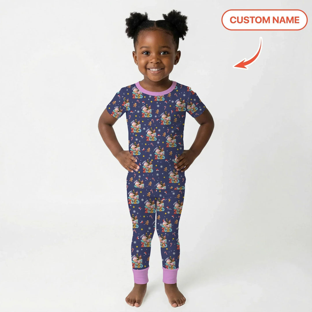 Custom Name Baby Girl's First Christmas Bamboo Two Piece Short Sleeve Pajama Set