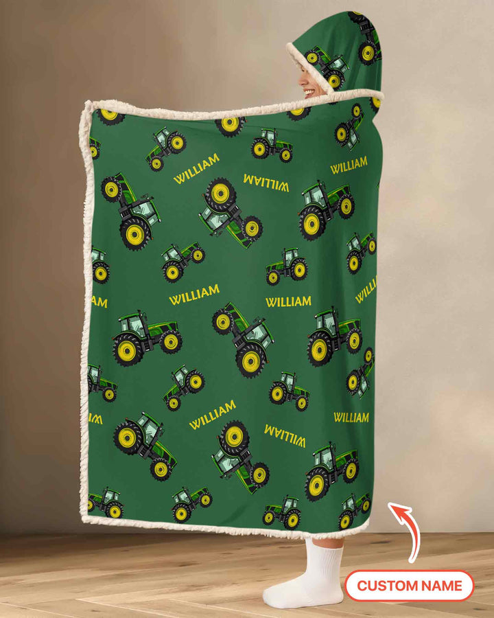 Custom Name Green Tractors Matching Daddy & Me Bamboo Wearable Hooded Blanket