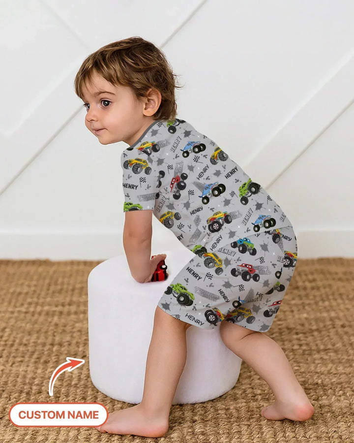 Monster Truck Dirt Jam Custom Name Daddy & Me Matching Bamboo Two Piece Short Sleeve Shorts Pajama Set