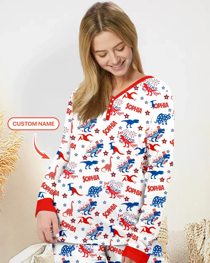Custom Name Patriotic Dinosaur Bamboo Women Pajama Set