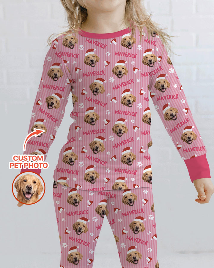 Custom Pet Photo Christmas Paws Stripe Bamboo Two Piece Long Sleeve Pajama Set