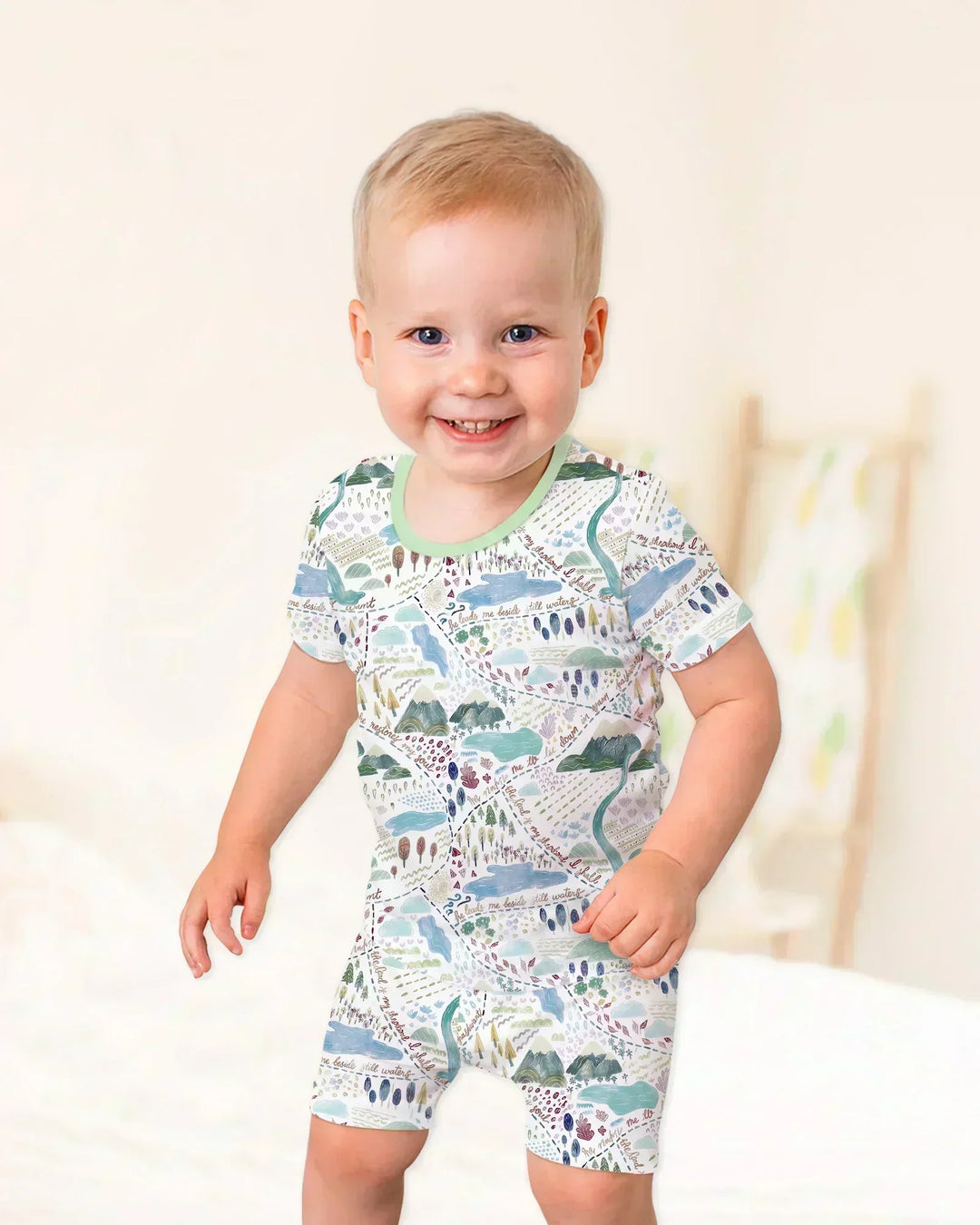 Whimsical Psalms 23 Map Bamboo Two Piece Short Sleeve Shorts Pajama Set