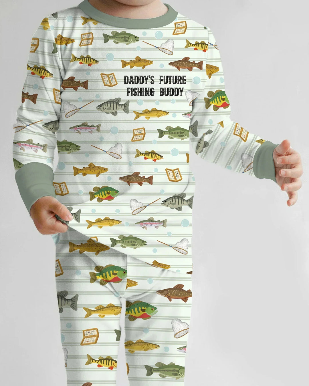 Embroidered Fishing Dad And Me Matching Bamboo Two Piece Long Sleeve Pajama Set