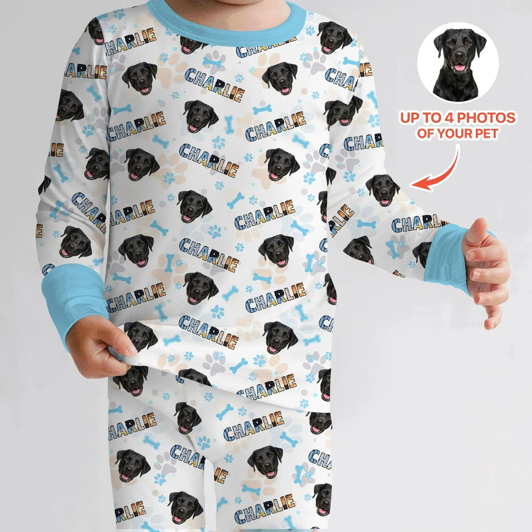 Custom Name Doodle Letters Blue Dog Bamboo Two Piece Long Sleeve Pajama Set