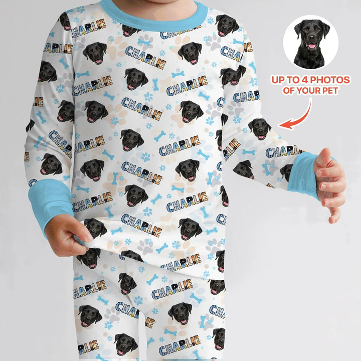 Custom Name Doodle Letters Blue Dog Bamboo Two Piece Long Sleeve Pajama Set