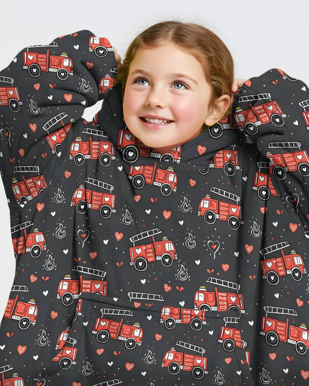 Valentine Fire Trucks Wearable Bamboo Blanket Hoodie