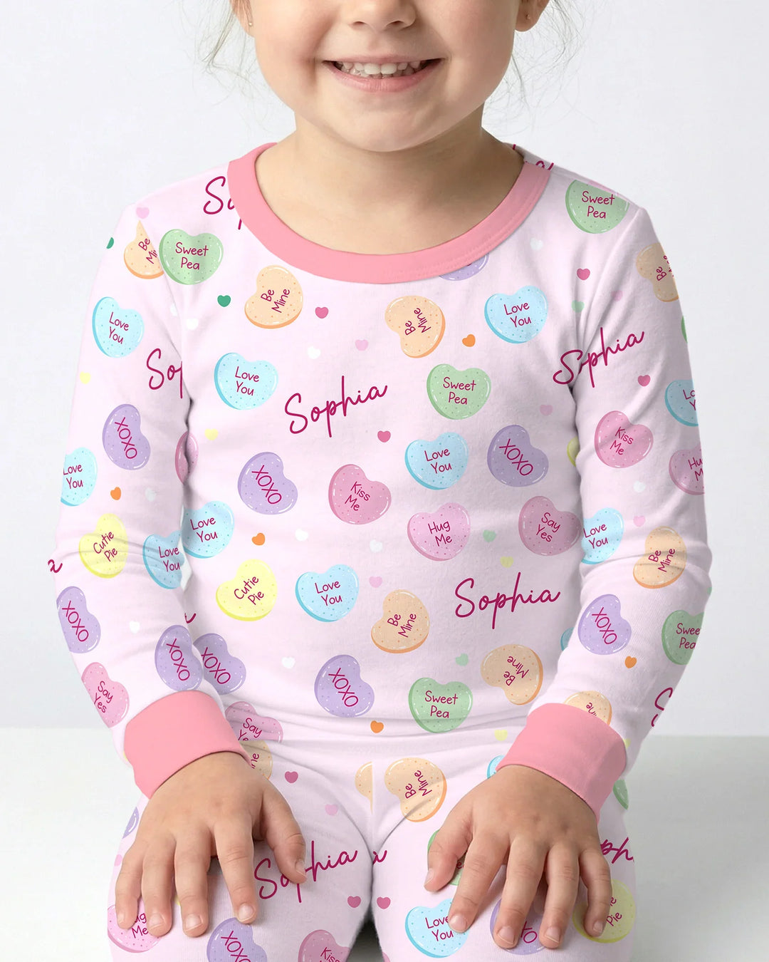 Custom Name Colorful Candy Hearts Family Matching Bamboo Two Piece Long Sleeve Pajama Set