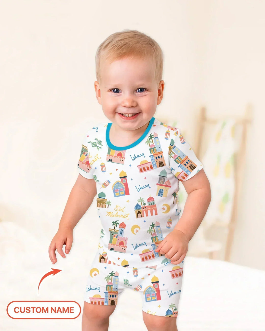 Eid Mubarak Custom Name Bamboo Two Piece Short Sleeve Shorts Pajama Set