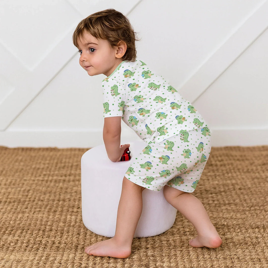 Shabbat Dinosaur Bamboo Two Piece Short Sleeve Shorts Pajama Set