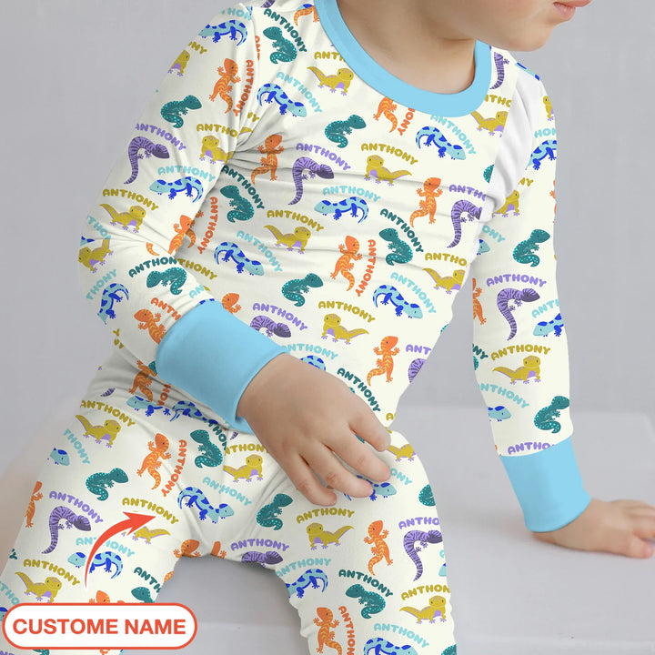 Custom Name Little Salamander Bamboo Two Piece Long Sleeve Pajama Set