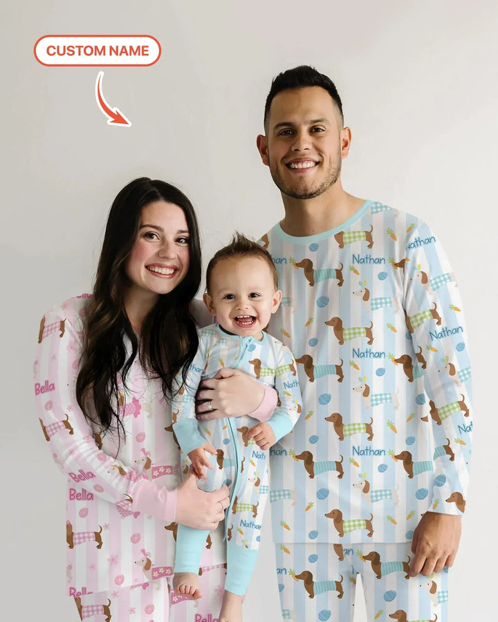 Custom Name Easter Dachshunds Family Matching Bamboo Two Piece Long Sleeve Pajama Set