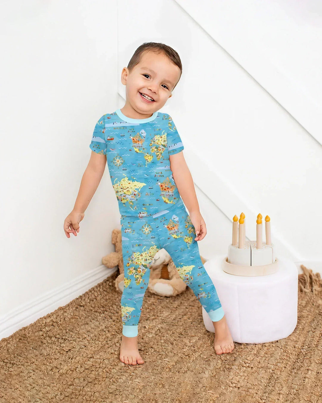 Whimsical World Map Family Matching Bamboo Two Piece Short Sleeve Pajama Set