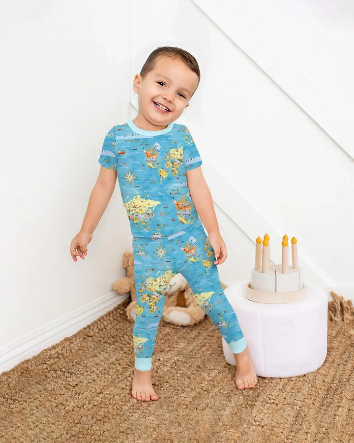Whimsical World Map Family Matching Bamboo Two Piece Short Sleeve Pajama Set