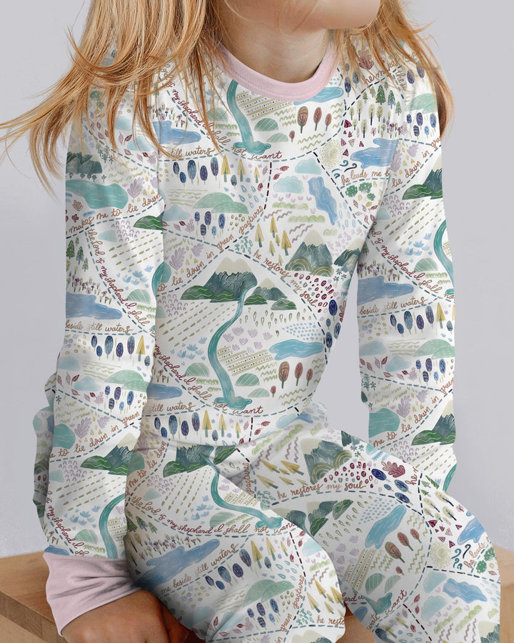 Whimsical Psalms 23 Map Bamboo Two Piece Long Sleeve Pajama Set