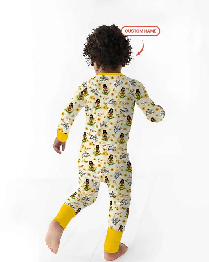 Custom Name Sunflower Queen Bamboo Two Piece Long Sleeve Pajama Set