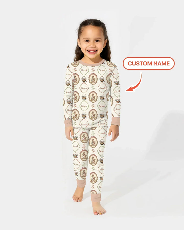 Vintage Bunny Easter Custom Name Mommy & Me Matching Bamboo Two Piece Long Sleeve Pajama Set