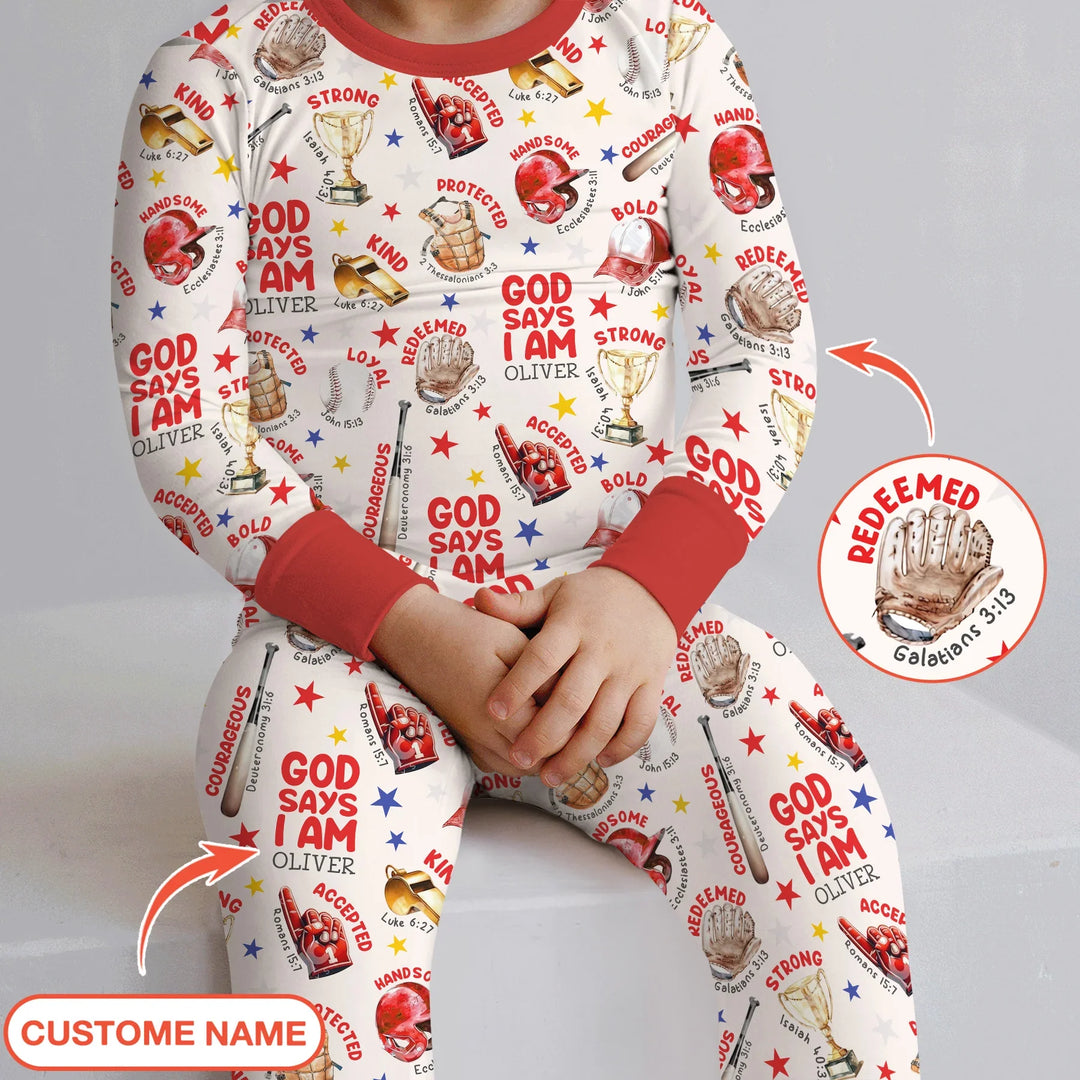 Baseball God Says I Am Custom Name Bamboo Two Piece Long Sleeve Pajama Set