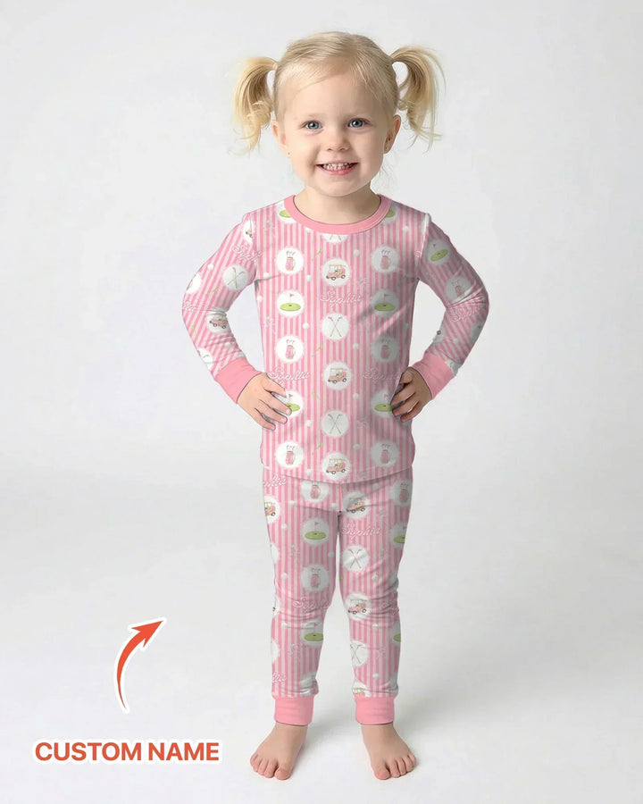 Custom Name Pink Golf Girl Bamboo Two Piece Long Sleeve Pajama Set