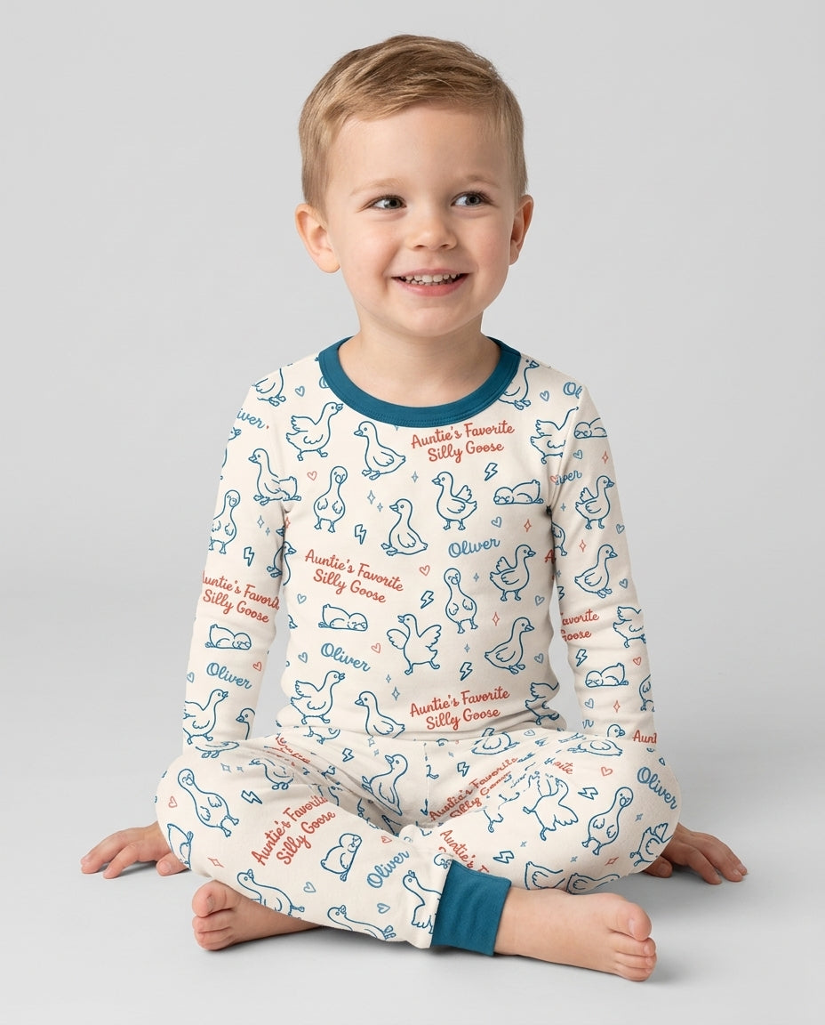 Custom Name Auntie's Favorite Silly Goose Bamboo Two Piece Long Sleeve Pajama Set
