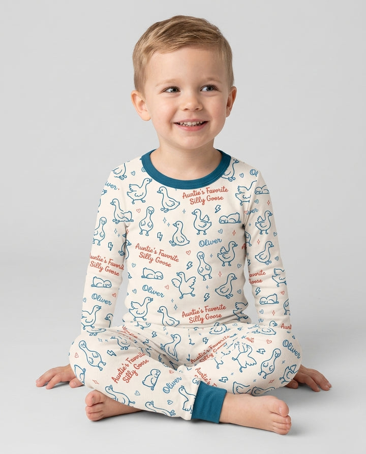 Custom Name Auntie's Favorite Silly Goose Bamboo Two Piece Long Sleeve Pajama Set